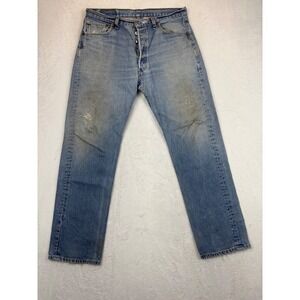 Levis 501 Mens 34x32 Light Wash Distressed Button Grungy Skater Y2K Fade Whisker